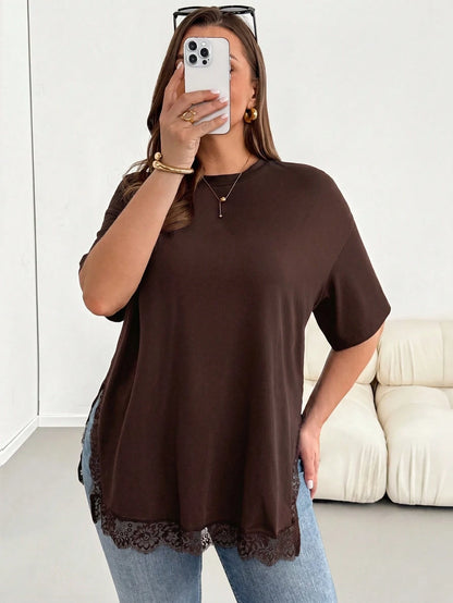 Shapeblank Plus-Size Women's Spring/Summer Fashionable Casual Elegant Loose Comfortable Everyday Holiday Basic Versatile Slimming Lace Trim Brown T-Shirt