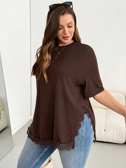 Shapeblank Plus-Size Women's Spring/Summer Fashionable Casual Elegant Loose Comfortable Everyday Holiday Basic Versatile Slimming Lace Trim Brown T-Shirt