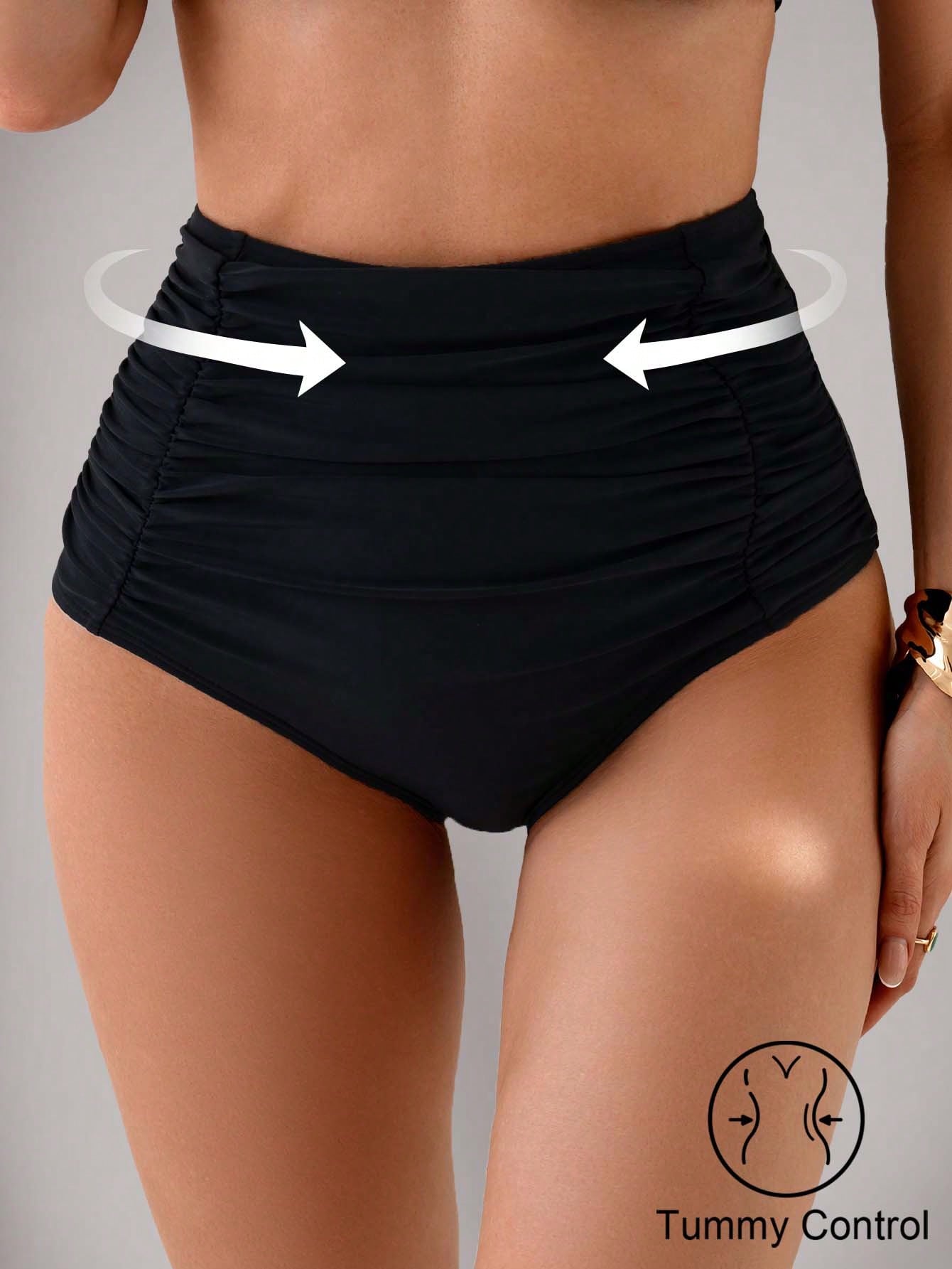 Shapewave 1pc Women High Waist Ruched Tummy Control Swimwear, Solid Color, Slimming Summer
