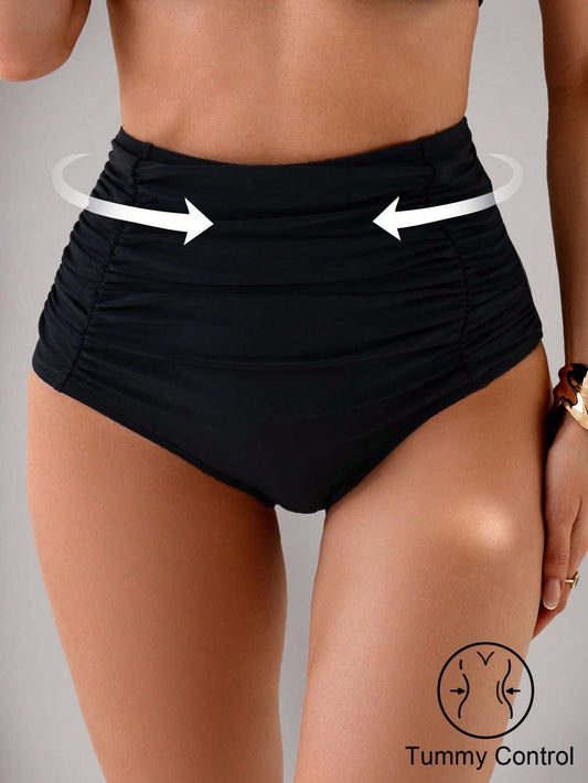 Shapewave 1pc Women High Waist Ruched Tummy Control Swimwear, Solid Color, Slimming Summer