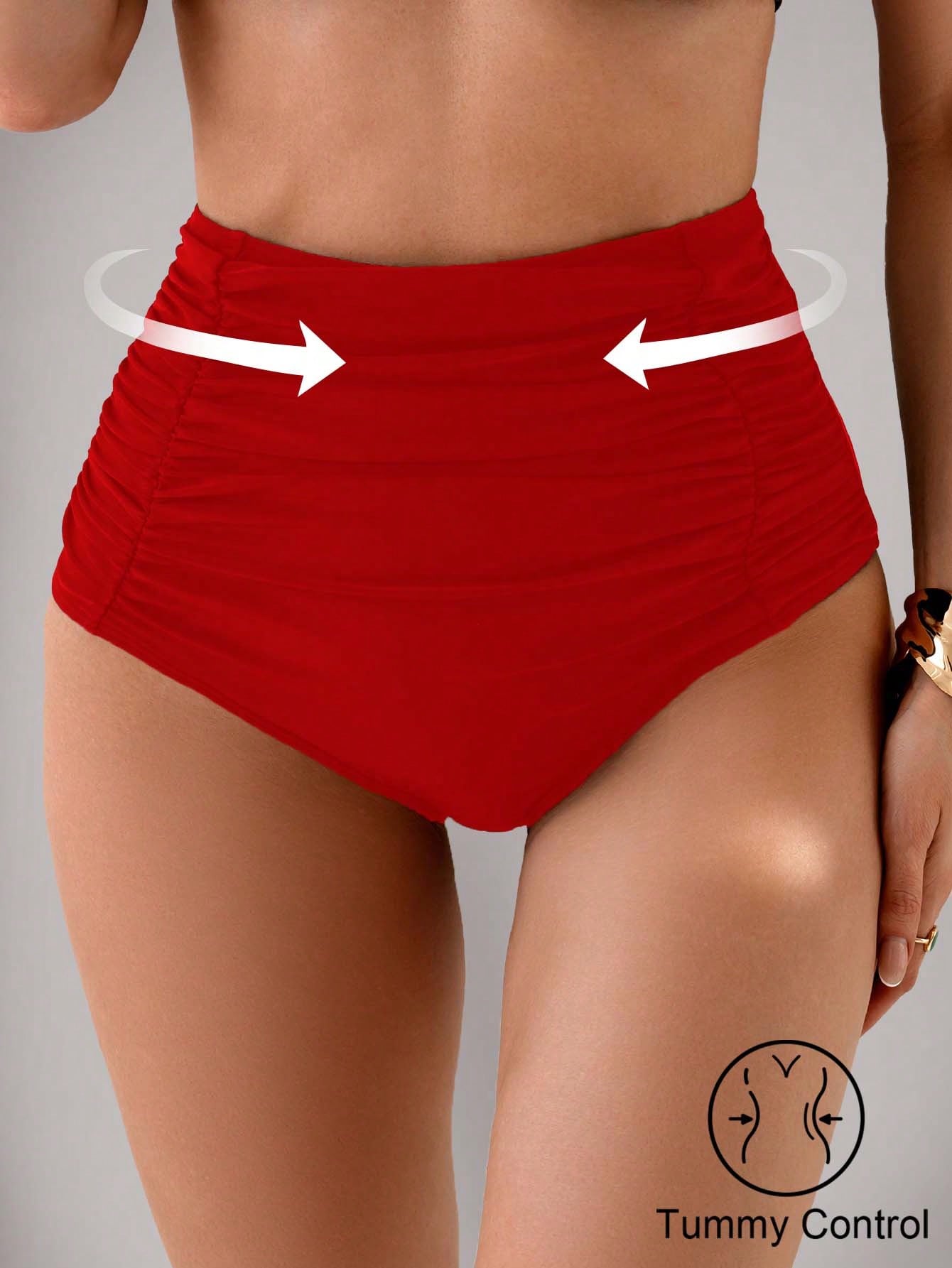 Shapewave 1pc Women High Waist Ruched Tummy Control Swimwear, Solid Color, Slimming Summer