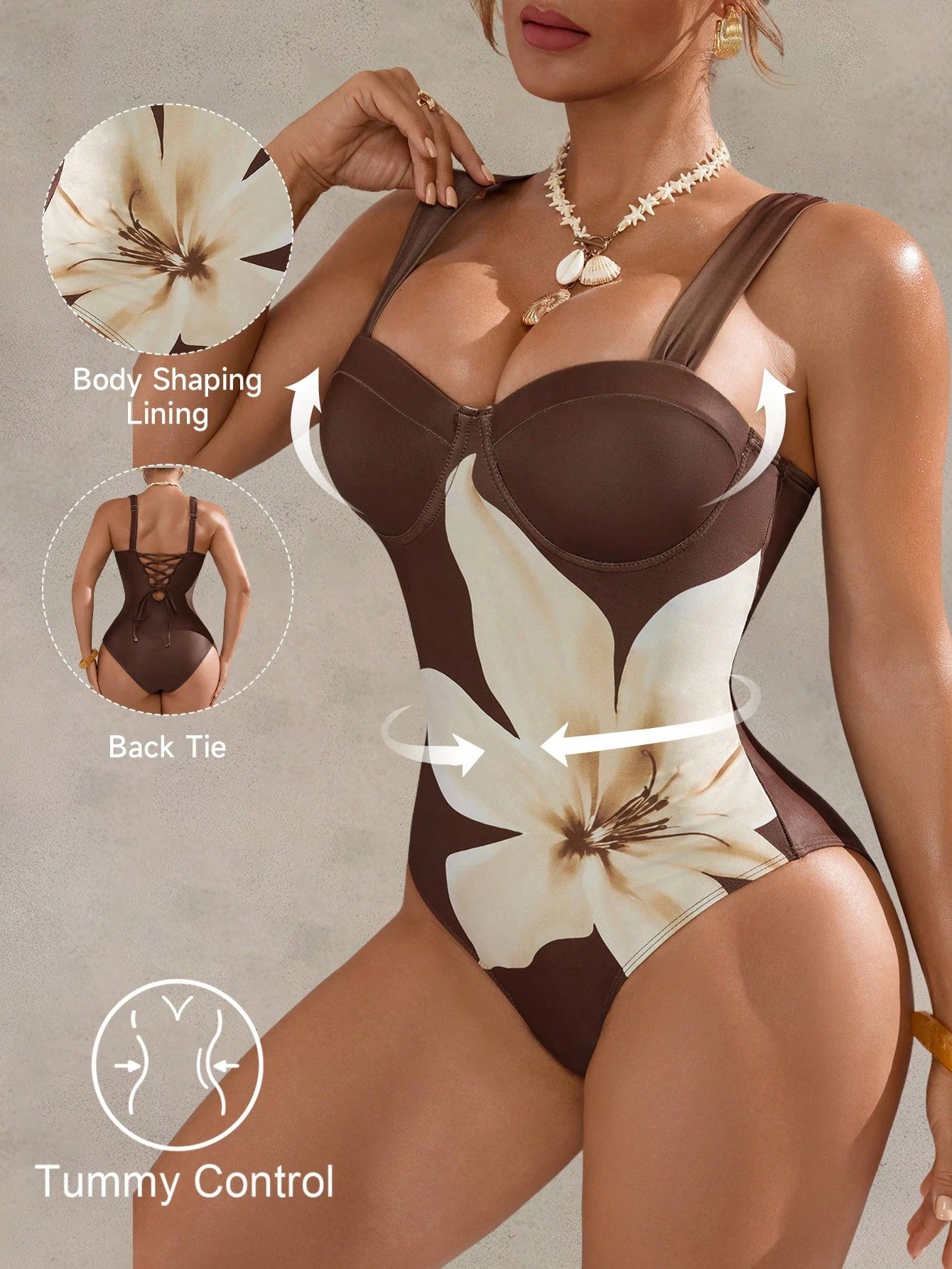 Shapewave 26SS Spring/Summer Brown Elegant V-Neck Printed Bodycon One-Piece Swimsuit, Women's One-Piece