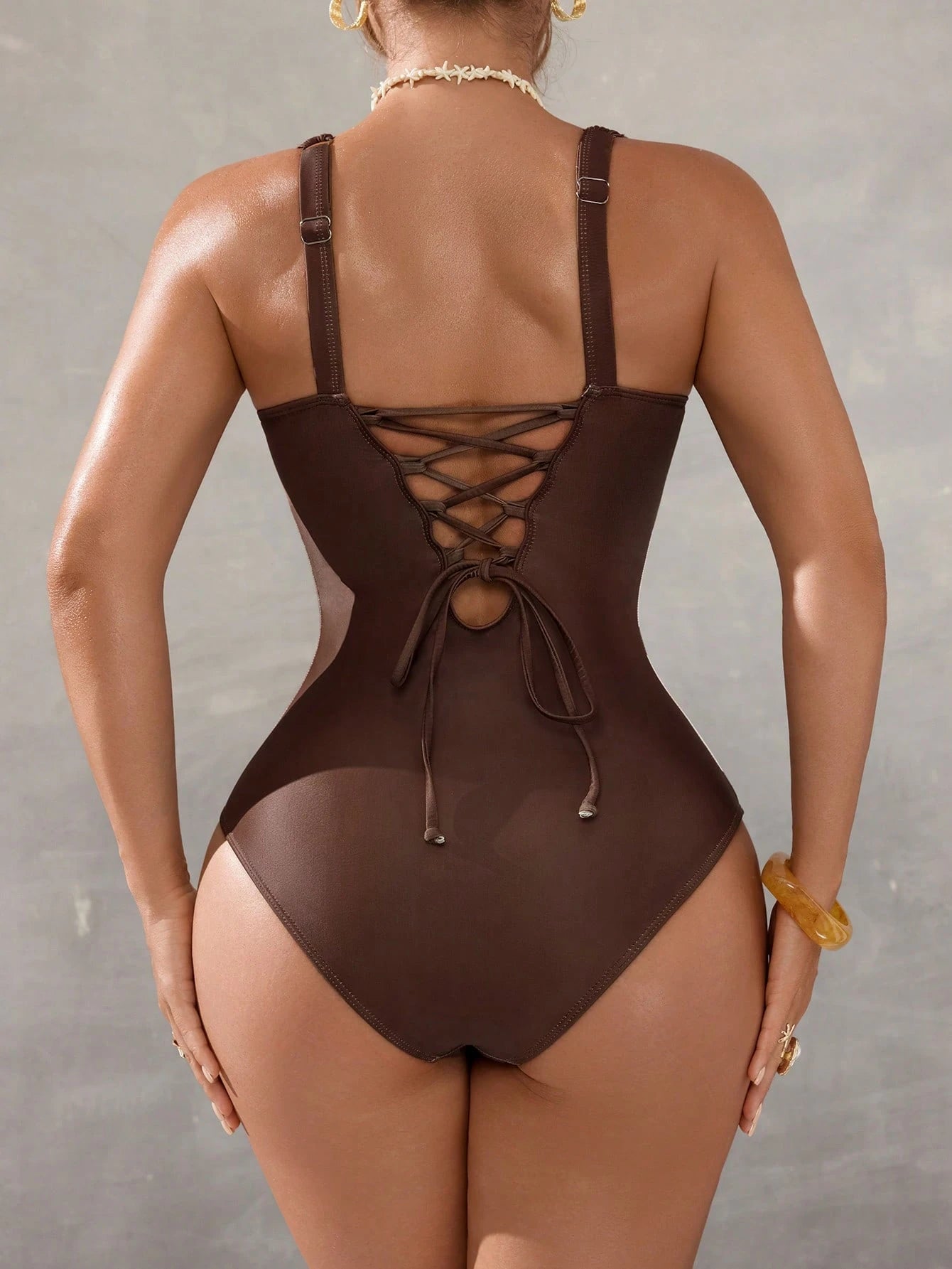 Shapewave 26SS Spring/Summer Brown Elegant V-Neck Printed Bodycon One-Piece Swimsuit, Women's One-Piece