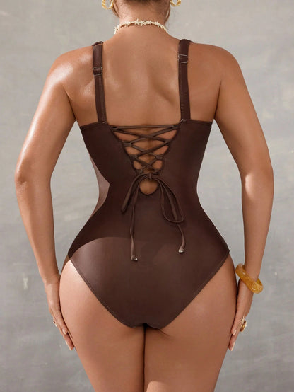 Shapewave 26SS Spring/Summer Brown Elegant V-Neck Printed Bodycon One-Piece Swimsuit, Women's One-Piece