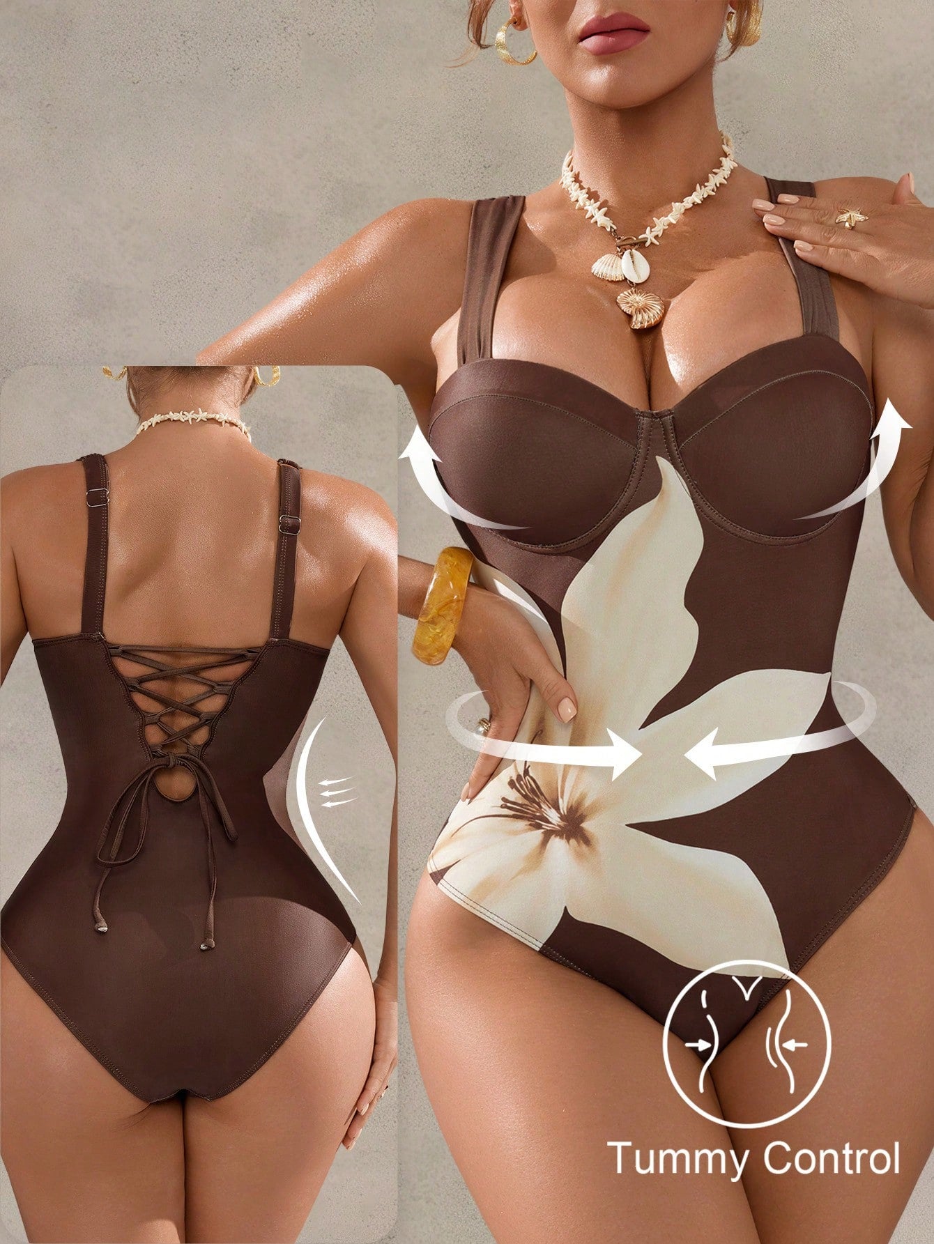 Shapewave 26SS Spring/Summer Brown Elegant V-Neck Printed Bodycon One-Piece Swimsuit, Women's One-Piece