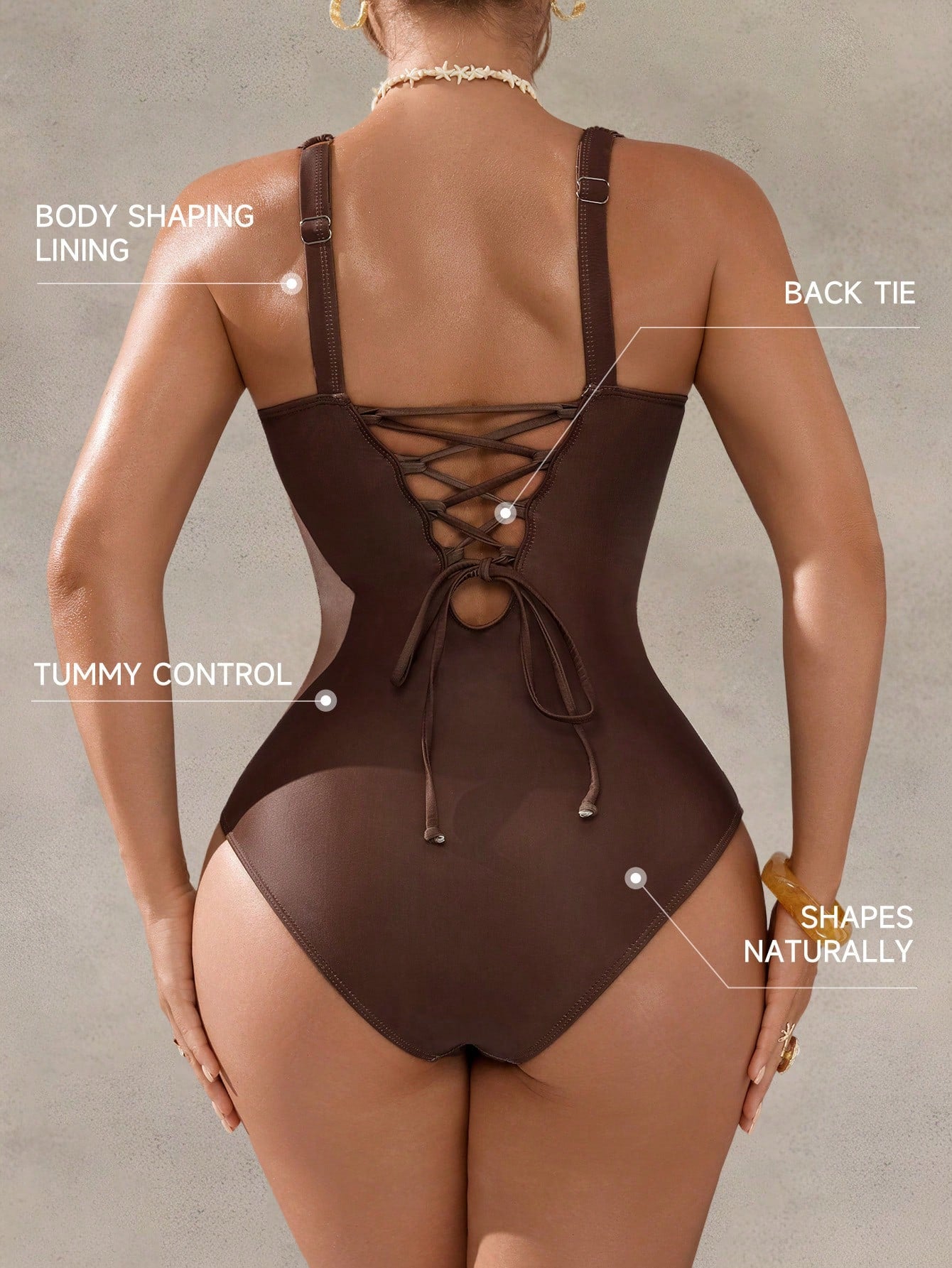 Shapewave 26SS Spring/Summer Brown Elegant V-Neck Printed Bodycon One-Piece Swimsuit, Women's One-Piece