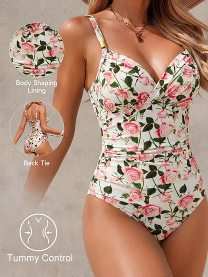 Shapewave 26SS Spring/Summer Vacation Mature Elegant Tummy Control Criss-Cross Wrap Push-Up Black One-Piece Swimsuit For Women