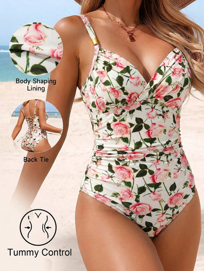 Shapewave 26SS Spring/Summer Vacation Mature Elegant Tummy Control Criss-Cross Wrap Push-Up Black One-Piece Swimsuit For Women