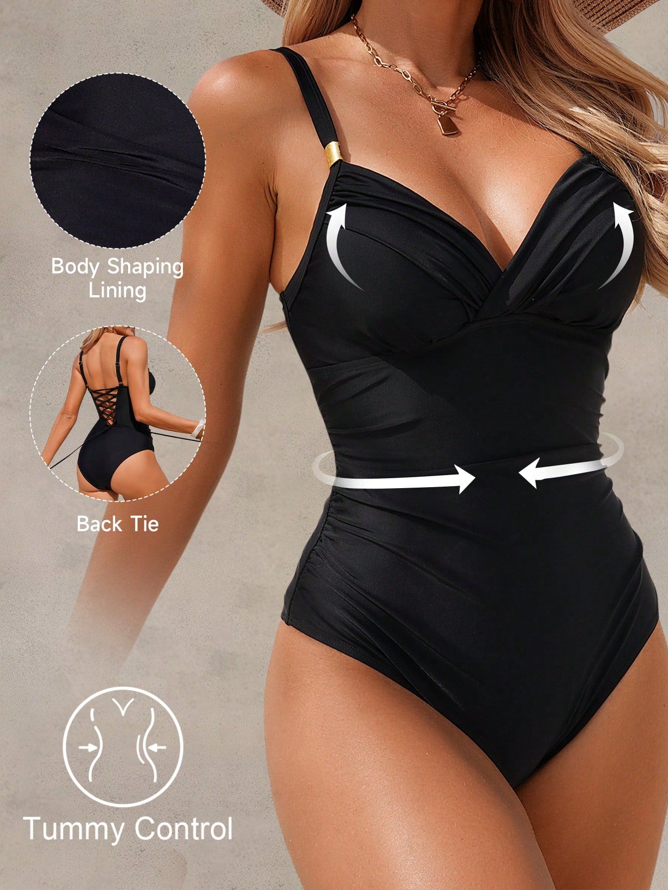Shapewave 26SS Spring/Summer Vacation Mature Elegant Tummy Control Criss-Cross Wrap Push-Up Black One-Piece Swimsuit For Women