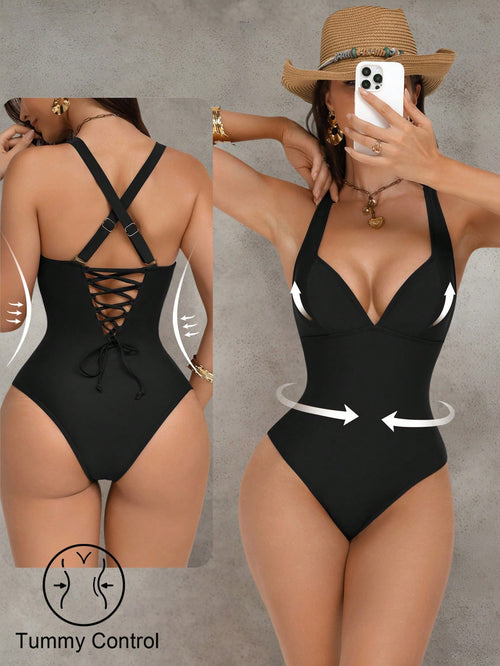 Shapewave Women's Brown Patchwork Push-Up Tummy Control One-Piece Swimsuit With Criss-Cross Back, Drawstring, Elegant & Sexy For Party, Pool