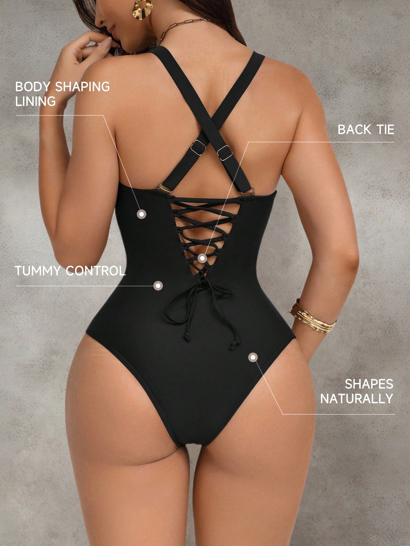 Shapewave Women's Brown Patchwork Push-Up Tummy Control One-Piece Swimsuit With Criss-Cross Back, Drawstring, Elegant & Sexy For Party, Pool