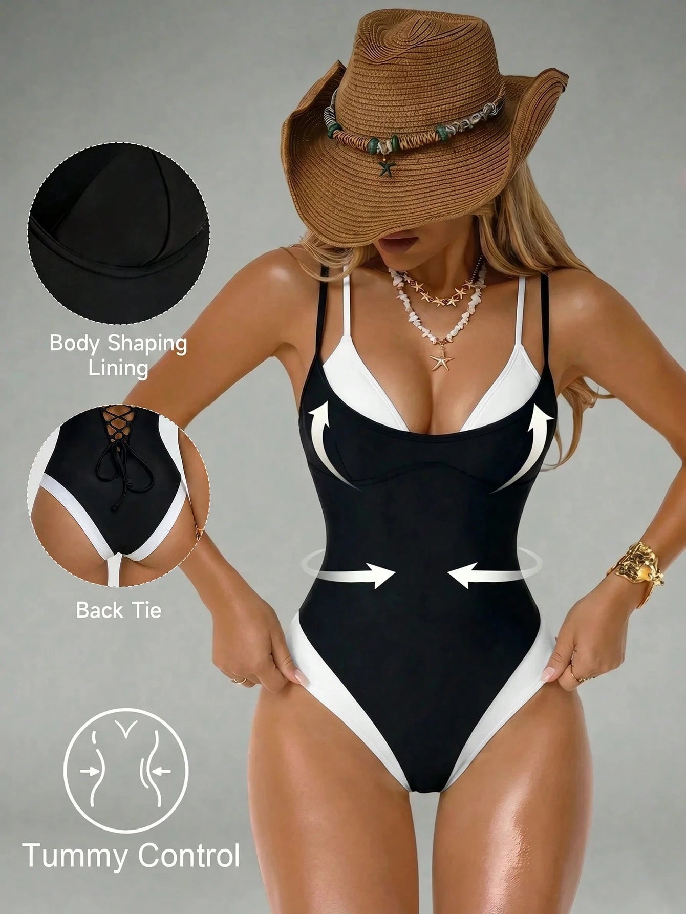 Shapewave Women's Sexy Fashion 2 In 1 One-Piece Swimsuit For Beach Party Vacation Black Summer