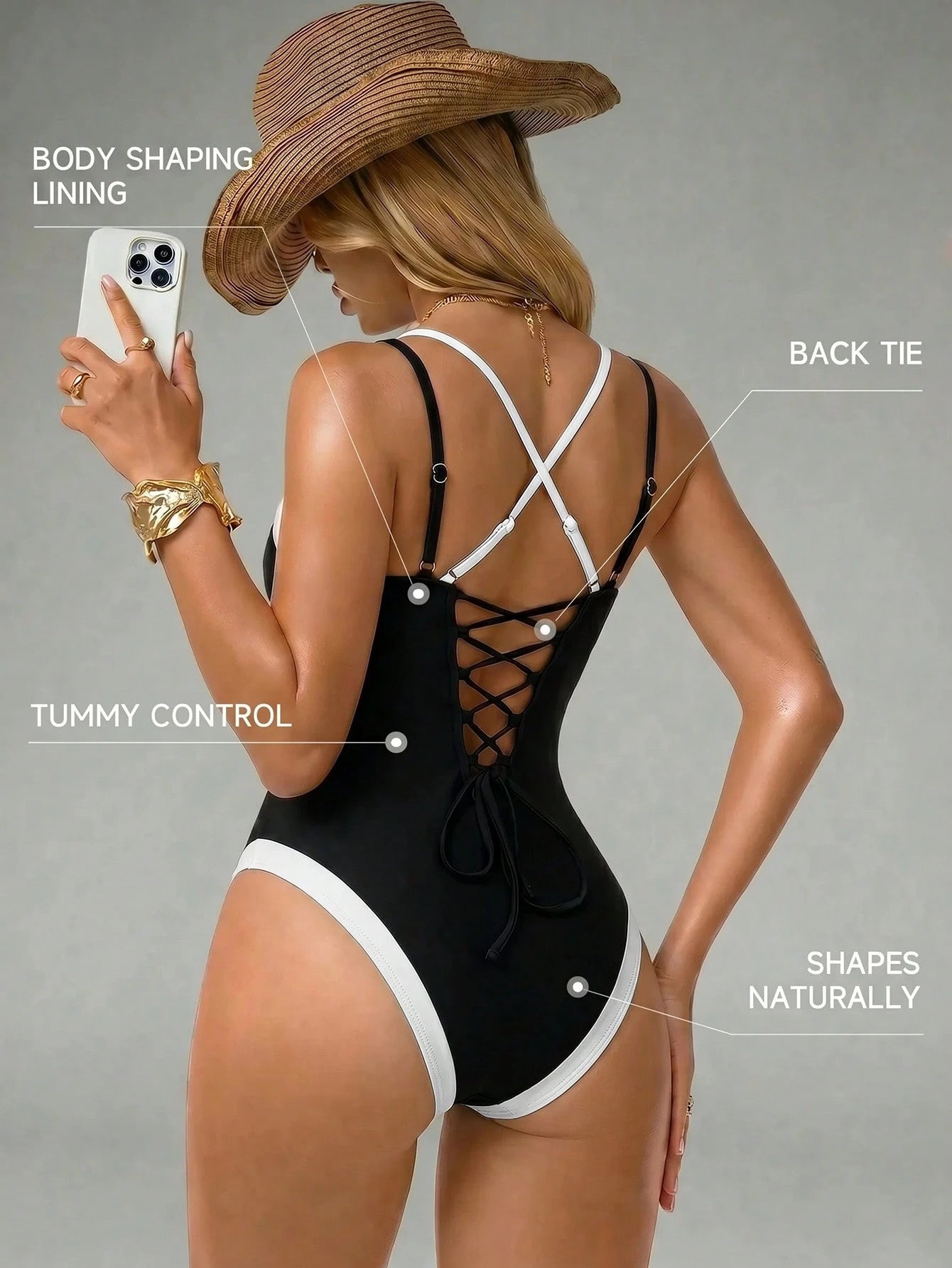 Shapewave Women's Sexy Fashion 2 In 1 One-Piece Swimsuit For Beach Party Vacation Black Summer