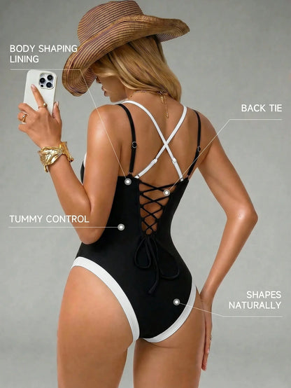 Shapewave Women's Sexy Fashion 2 In 1 One-Piece Swimsuit For Beach Party Vacation Black Summer