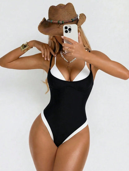 Shapewave Women's Sexy Fashion 2 In 1 One-Piece Swimsuit For Beach Party Vacation Black Summer