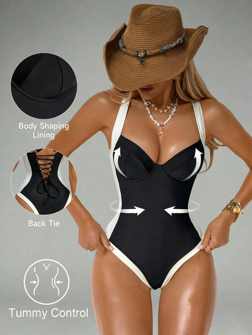 Shapewave Women's Tummy Control One-Piece Swimsuit With Side Splice, Push-Up, Slimming, Brown & Beige