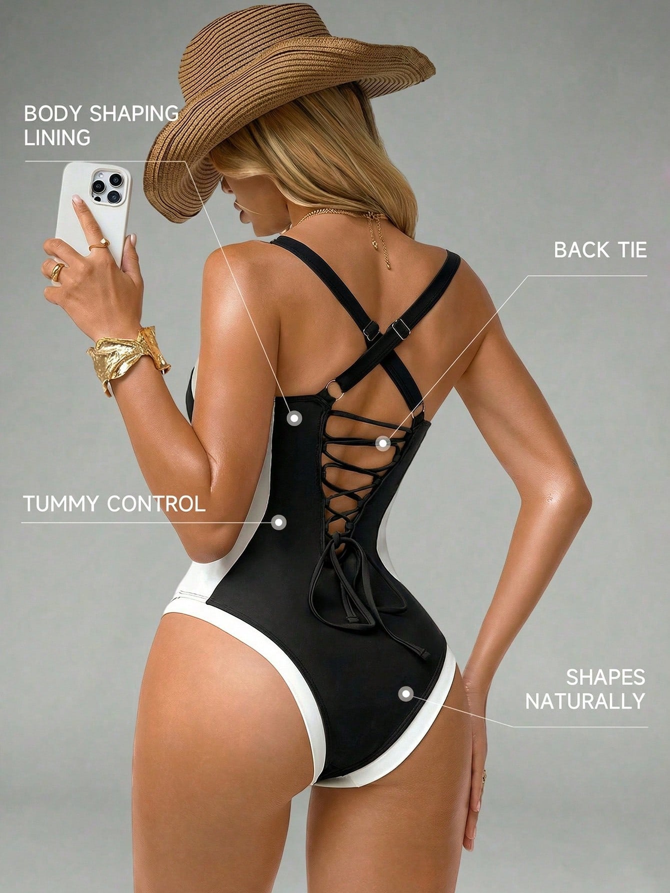 Shapewave Women's Tummy Control One-Piece Swimsuit With Side Splice, Push-Up, Slimming, Brown & Beige