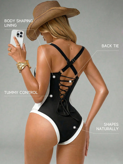 Shapewave Women's Tummy Control One-Piece Swimsuit With Side Splice, Push-Up, Slimming, Brown & Beige