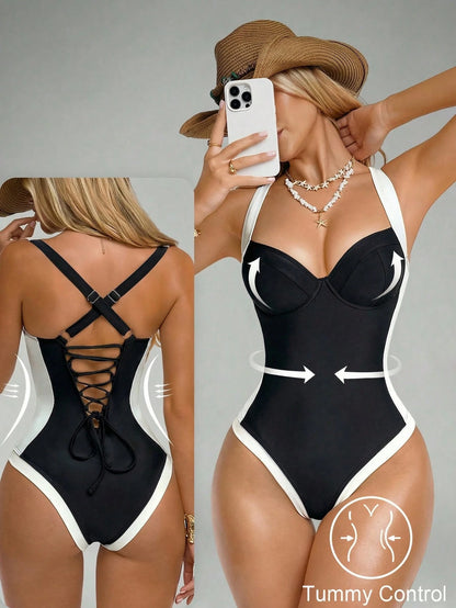 Shapewave Women's Tummy Control One-Piece Swimsuit With Side Splice, Push-Up, Slimming, Brown & Beige