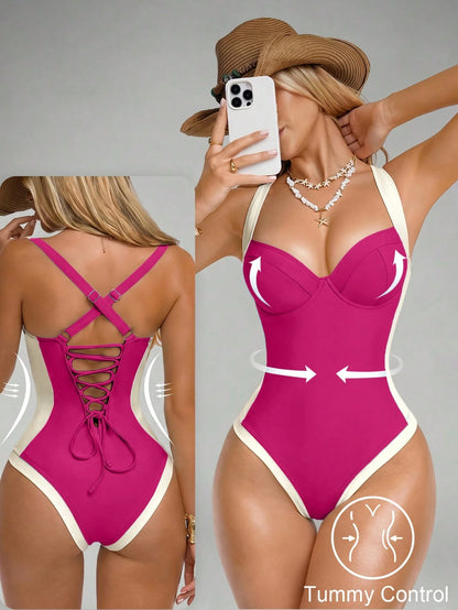 Shapewave Women's Tummy Control One-Piece Swimsuit With Side Splice, Push-Up, Bright Colors Floral Holiday Beach Vacation Holiday Summer Casual