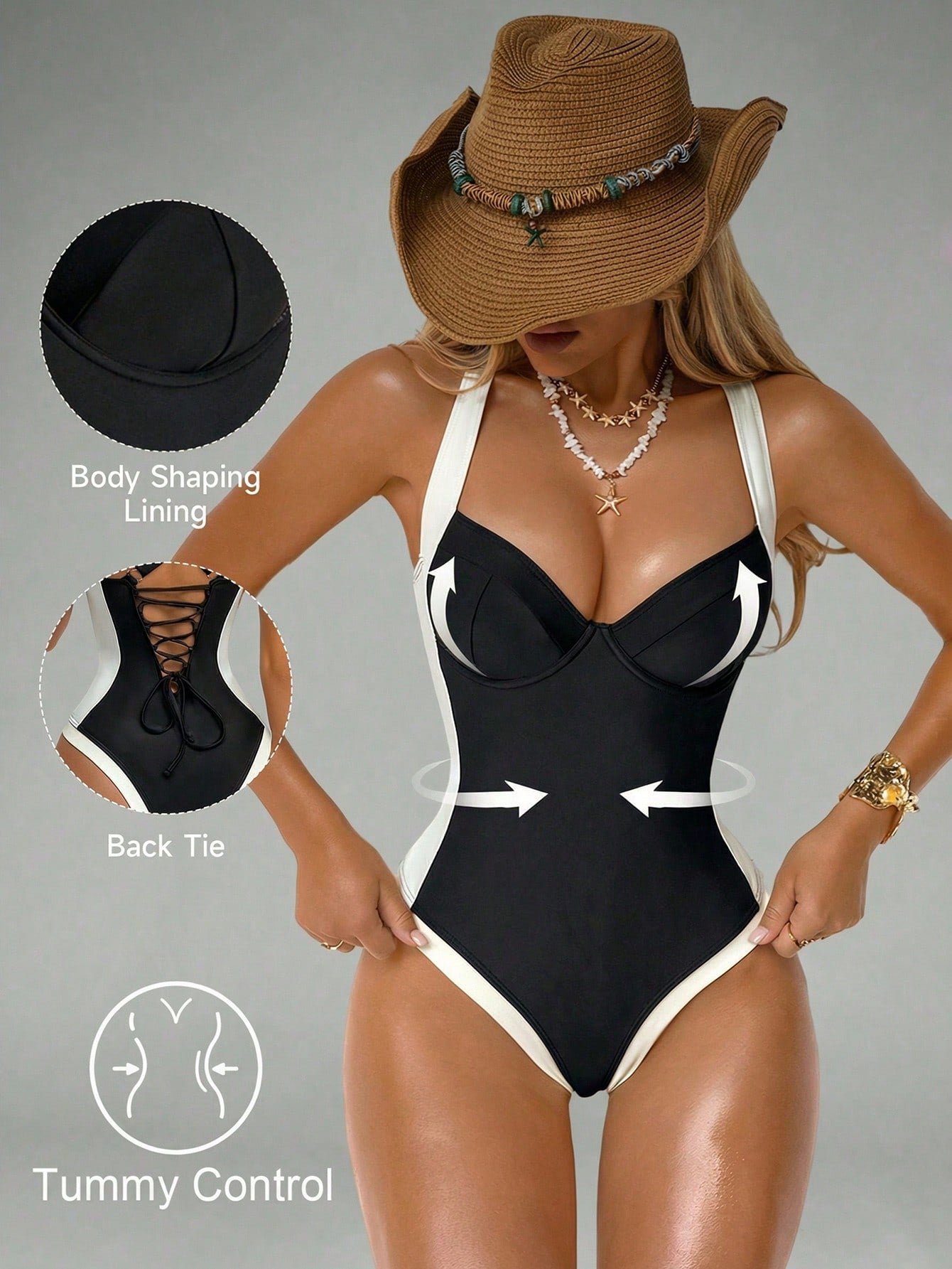Shapewave Women's Tummy Control One-Piece Swimsuit With Side Splice, Push-Up, Slimming, Brown & Beige