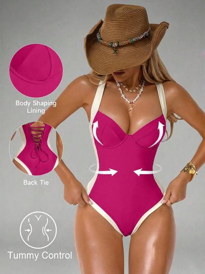 Shapewave Women's Tummy Control One-Piece Swimsuit With Side Splice, Push-Up, Bright Colors Floral Holiday Beach Vacation Holiday Summer Casual