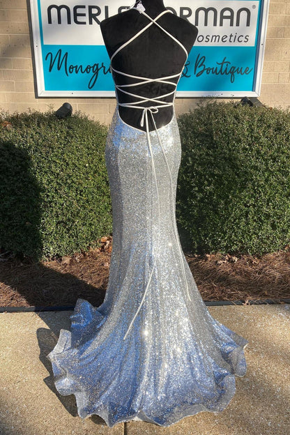 Shiny Silver Sequin V Neck Mermaid Long Prom Dress