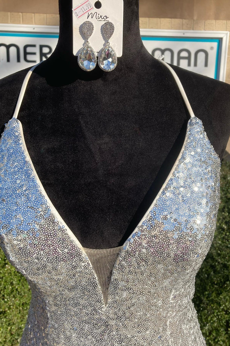 Shiny Silver Sequin V Neck Mermaid Long Prom Dress