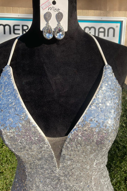 Shiny Silver Sequin V Neck Mermaid Long Prom Dress