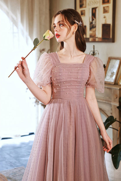 Short Puffy Sleeves Pearls Pink A-line Long Formal Dress