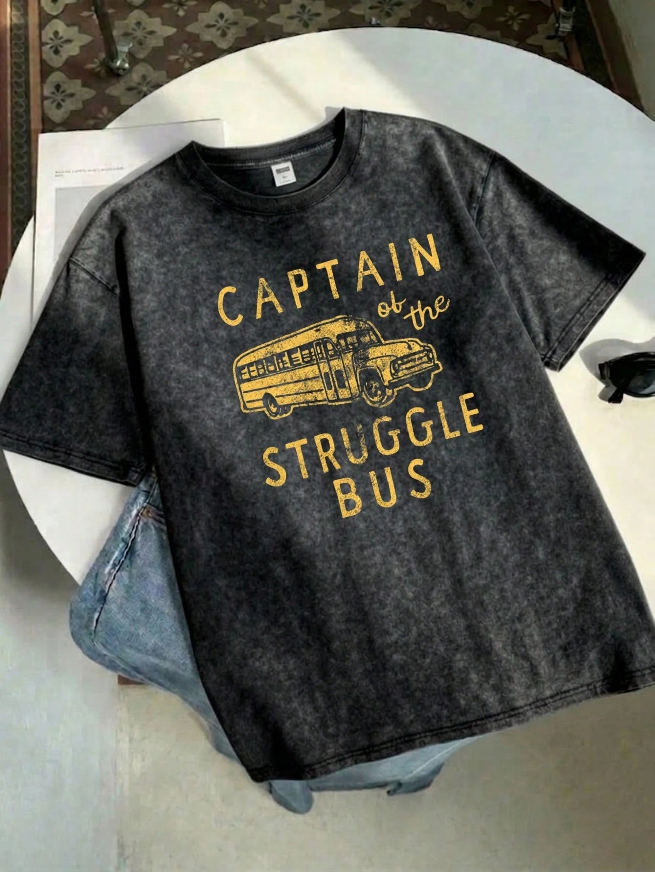 Short Sleeve Washed T-Shirt Captain Of The Struggle Bus 100% Cotton, Comfortable, Retro, Fashionable, Versatile Y2K, Daily Wear, Personalized Gift