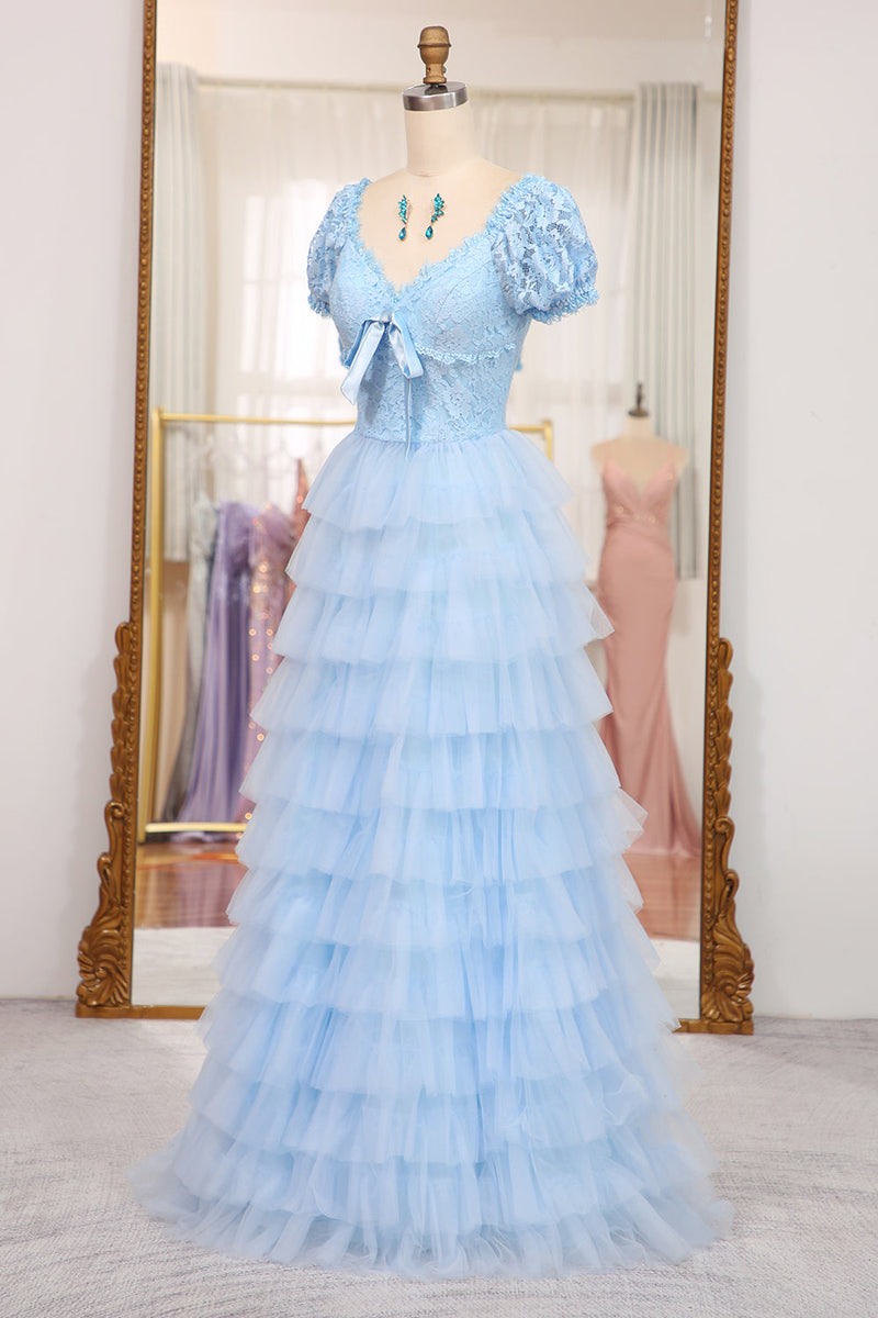Short Sleeves Blue Lace and Tulle Tiered Dress