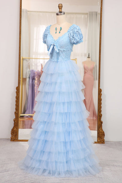 Short Sleeves Blue Lace and Tulle Tiered Dress