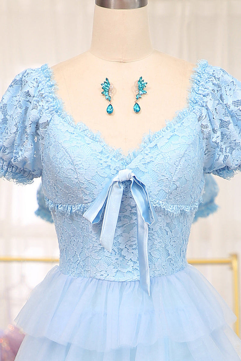 Short Sleeves Blue Lace and Tulle Tiered Dress