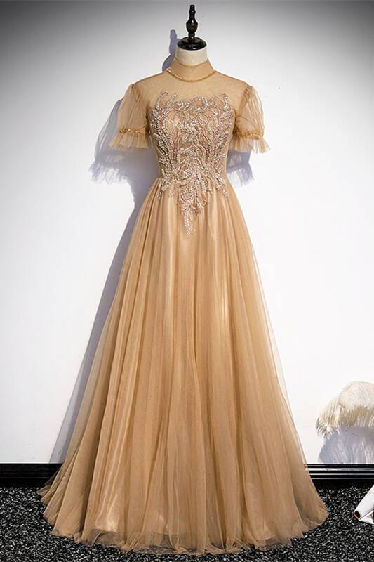 Short Sleeves Champagne Long Party Dress with High Neck