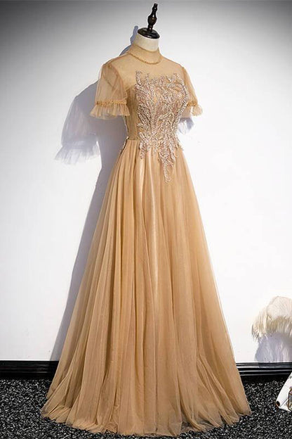 Short Sleeves Champagne Long Party Dress with High Neck