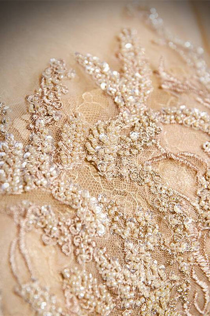 Short Sleeves Champagne Long Party Dress with High Neck