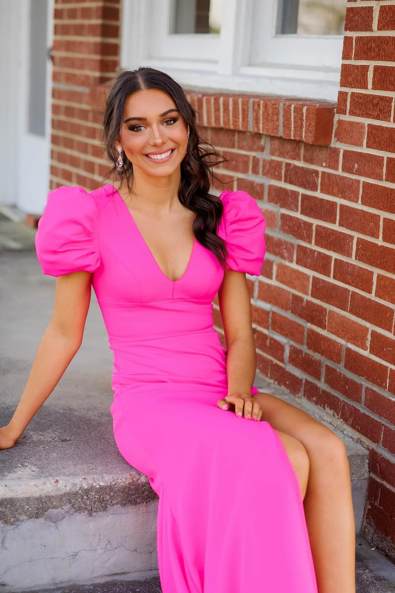 Short Sleeves Hot Pink V Neck Mermaid Long Formal Dress