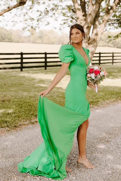 Short Sleeves Hot Pink V Neck Mermaid Long Formal Dress
