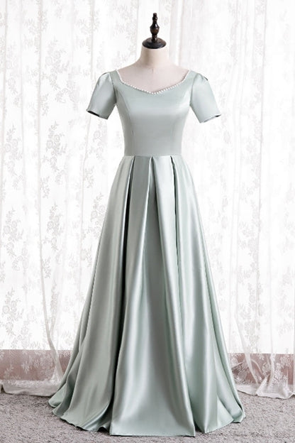 Short Sleeves Mint Green Satin Long Party Dress