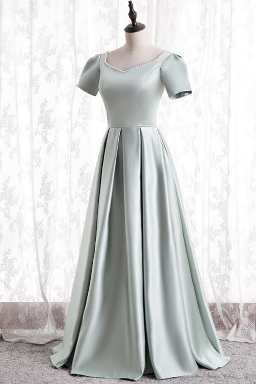 Short Sleeves Mint Green Satin Long Party Dress
