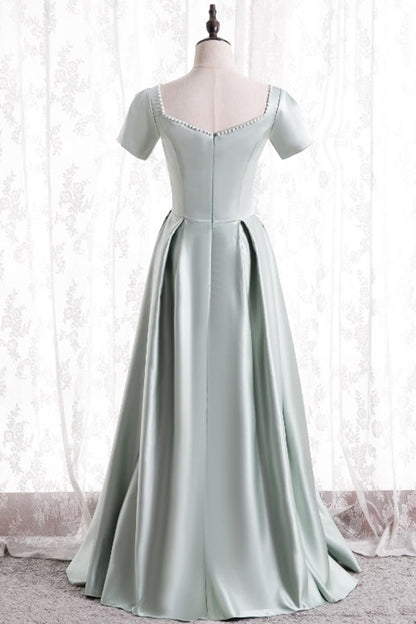 Short Sleeves Mint Green Satin Long Party Dress