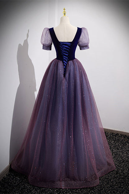 Short Sleeves Purple and Navy Long Formal Dress