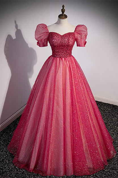 Short Sleeves Red Beaded A-line Long Formal Gown