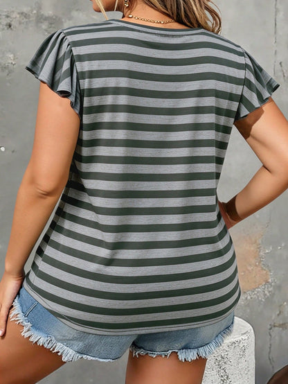 Silhoulove Plus Size Women's Striped Colorblock Pleated Flutter Sleeve T-Shirt