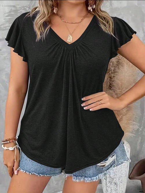 Silhoulove Plus Size Women V-Neck Ruffle Flutter Sleeve Casual Solid Color T-Shirt