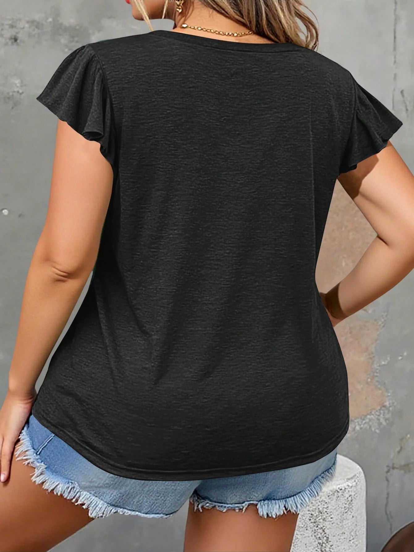 Silhoulove Plus Size Women V-Neck Ruffle Flutter Sleeve Casual Solid Color T-Shirt