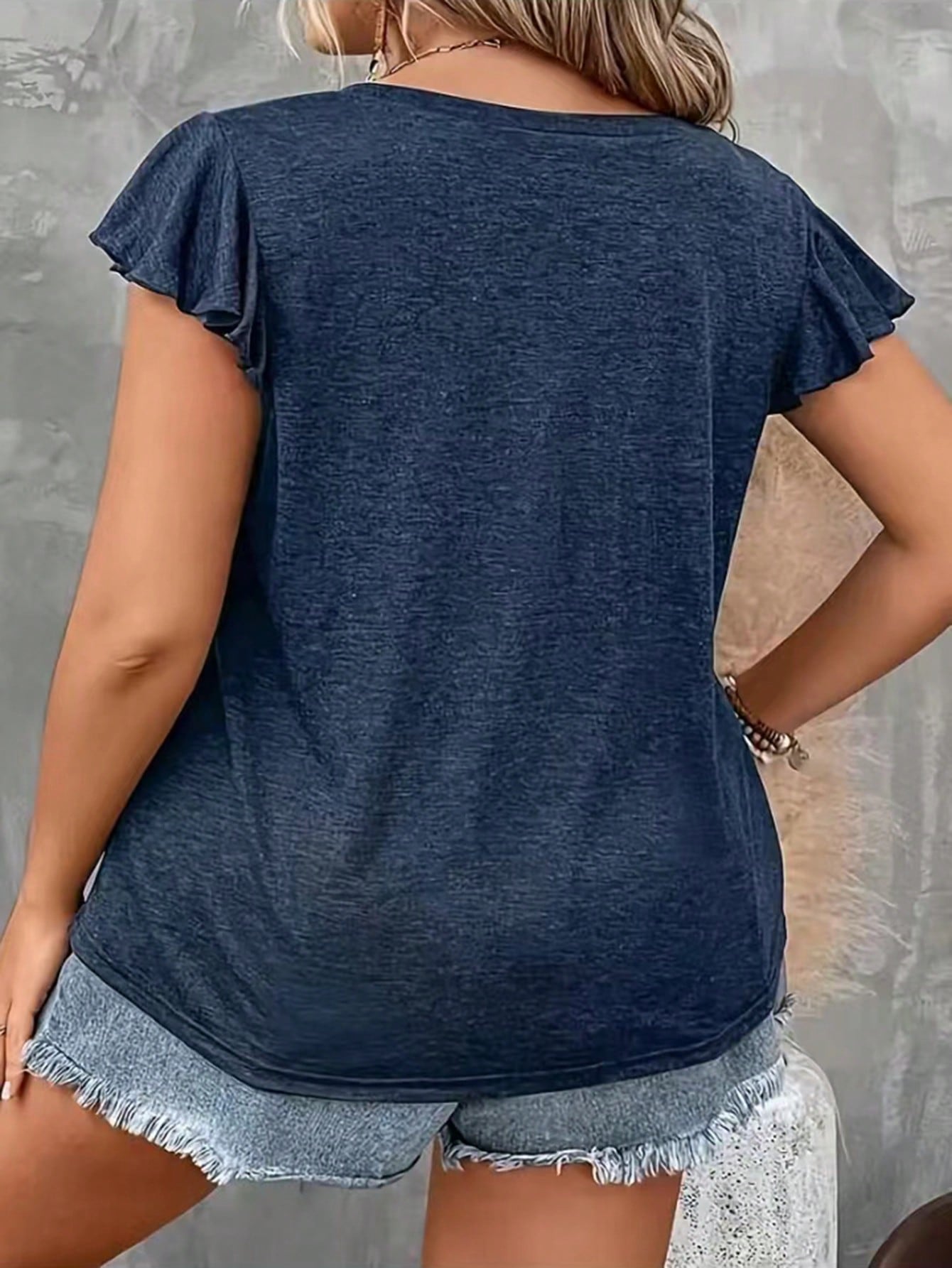 Silhoulove Plus Size Women V-Neck Ruffle Flutter Sleeve Casual Solid Color T-Shirt