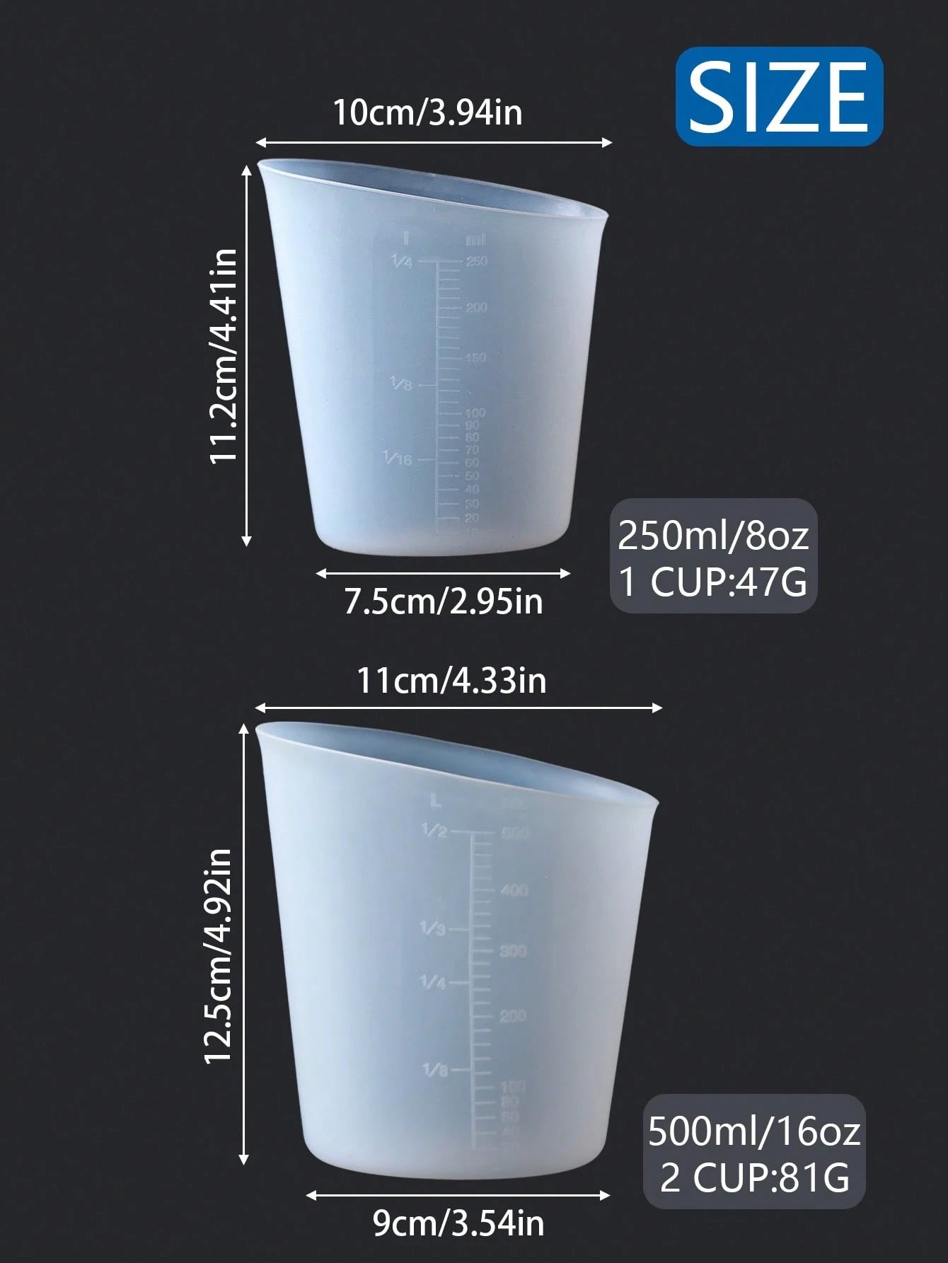 Silicone Measuring Cups, Silicone Reusable Mixing Pouring Measure Cups, 250ml/500ml, Melt Stir Squeeze & Pour Measuring Cups Easy Clean For Molds, Jewelry, Candle Making