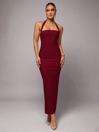 Silquee Burgundy Red,Summer,Elegant,Party Women's Halter Neck Backless Bodycon Maxi Dress,Linen Pleated Hem Date Night Wedding Reception Prom Gown